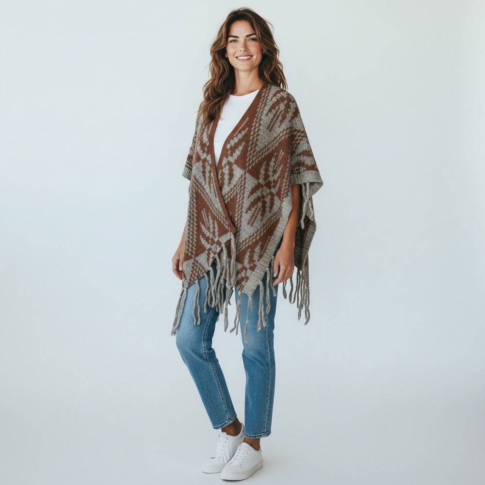 Trendology Selfie Couture Geometric Pattern‎ Fringe Poncho Brown Cream S/M Aztec